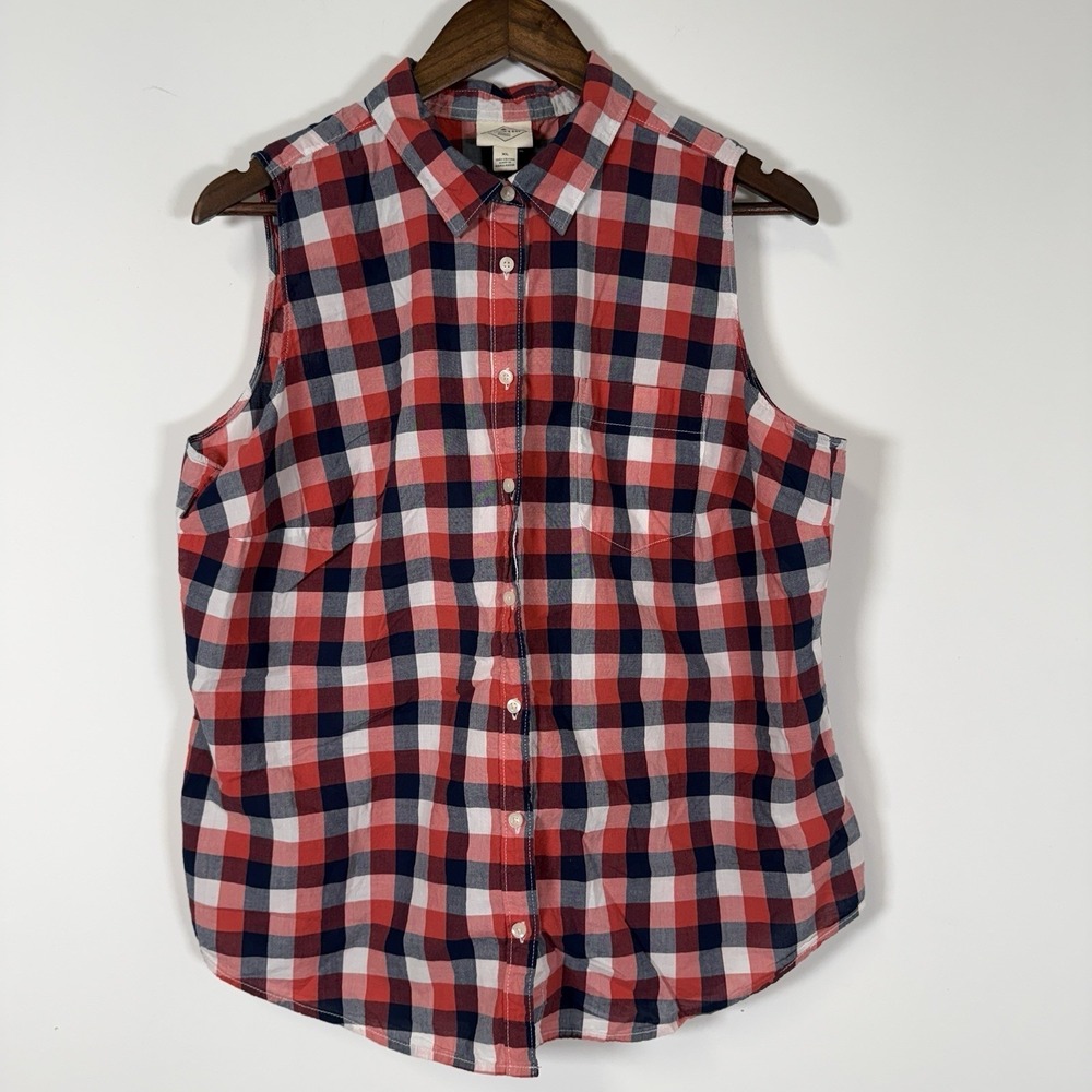 St. John's Bay Women's Plaid Sleeveless Tank Red White Blue Checkered Size Large